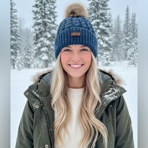 Brook + Bay Slate Blue Cable Knit Beanie with Faux Fur Pom Pom